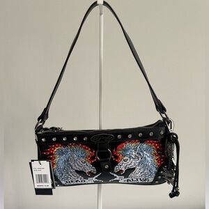 Ed Hardy Black Shoulder Bag with Embroidered Blue & Red Unicorns